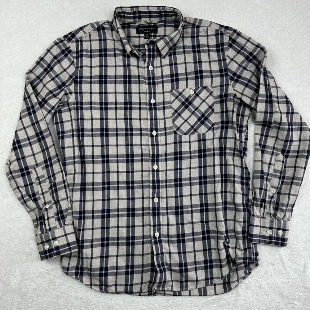 Banana Republic Mens‎ Standard Fit Plaid Button Down Shirt Navy Grey Size M